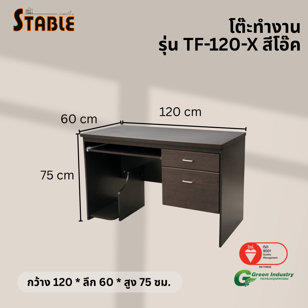 โต๊ะคอมพิวเตอร์ STABLE รุ่น TF-120-X 120 ซม. สีโอ๊ค
